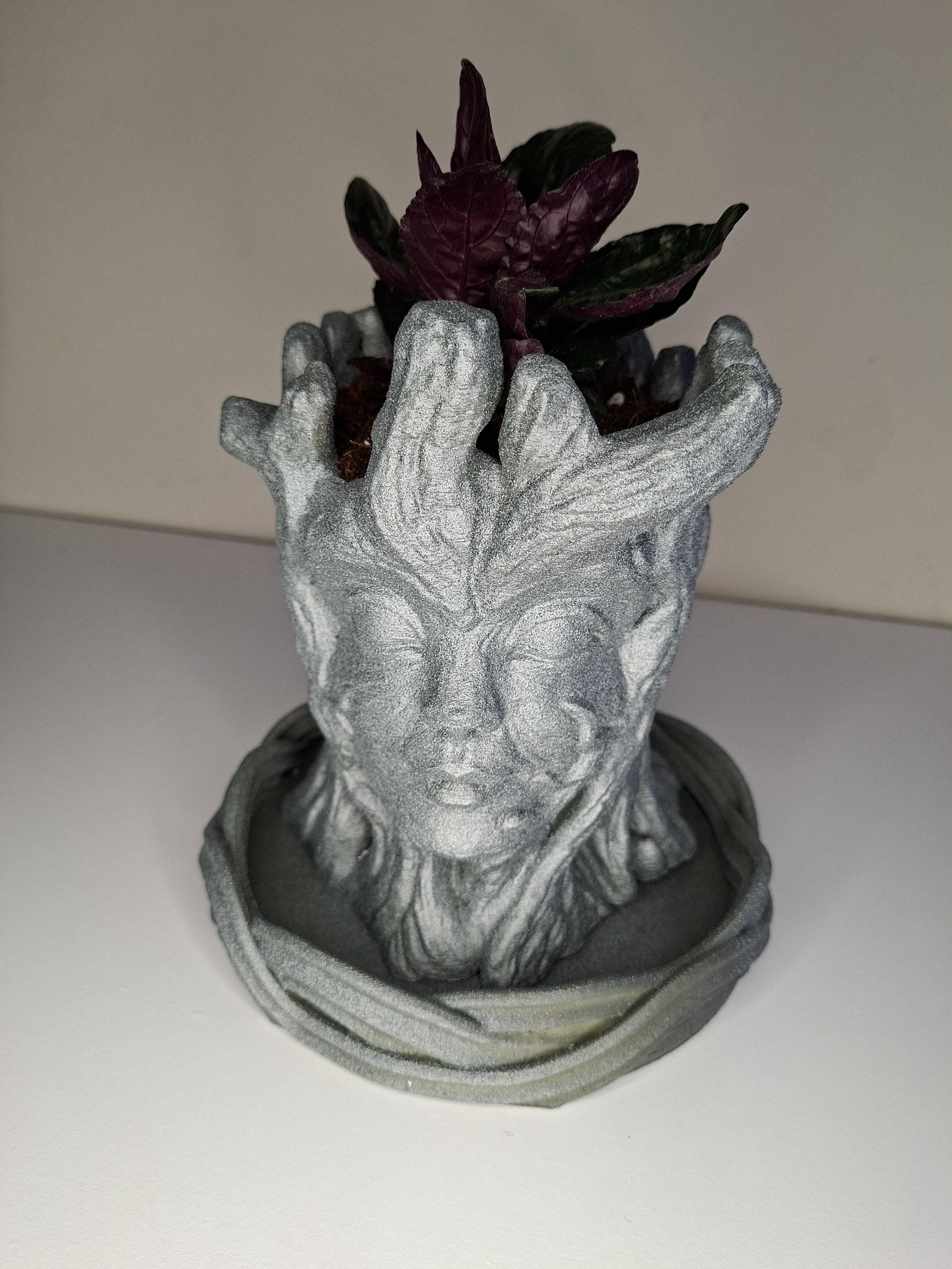 3D Printed Stone Look Planter – Woodland Face Pot with Drip Tray