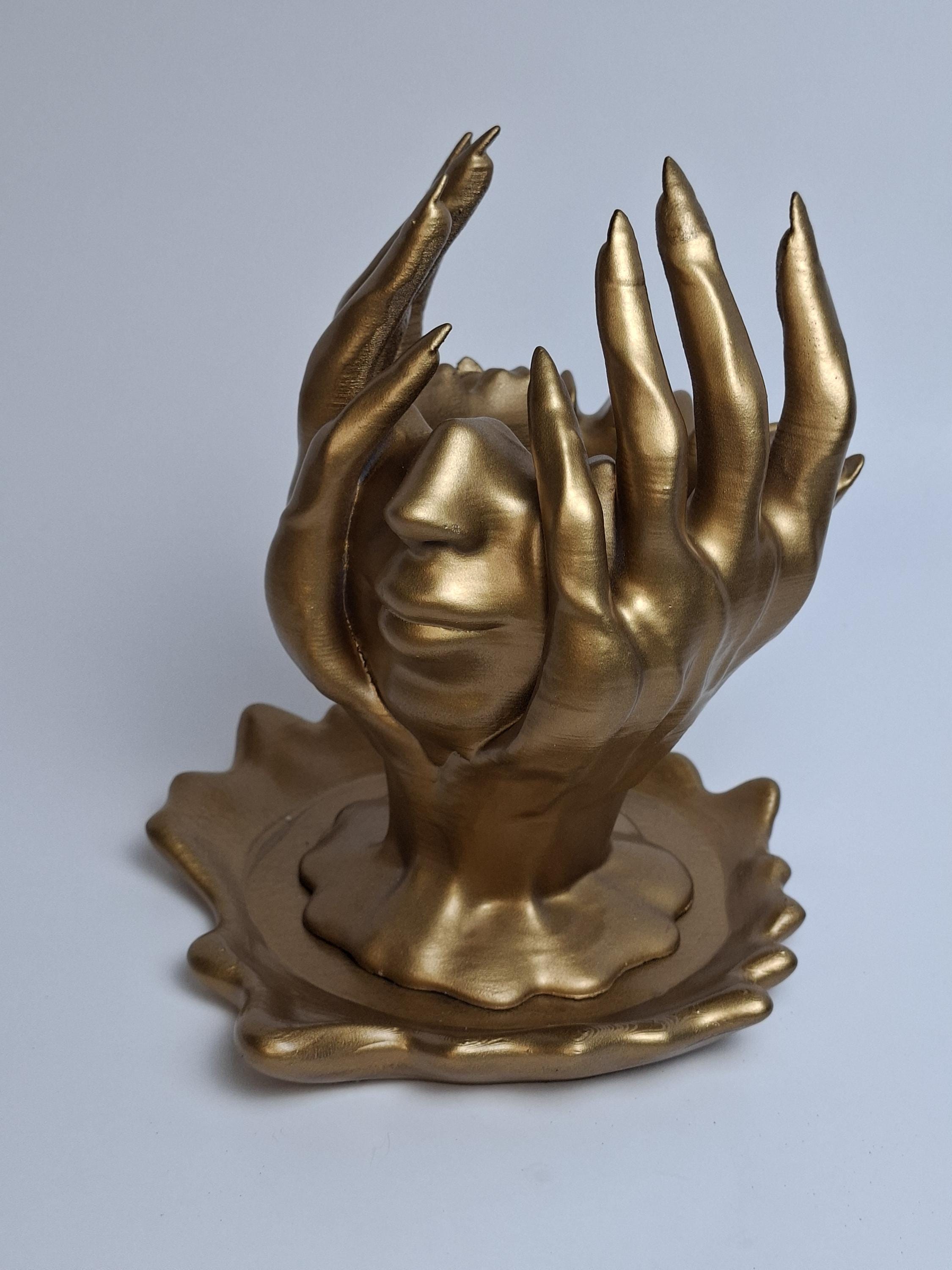 3D Printed Melting Face Planter – Golden Statue Pot with Drip Tray